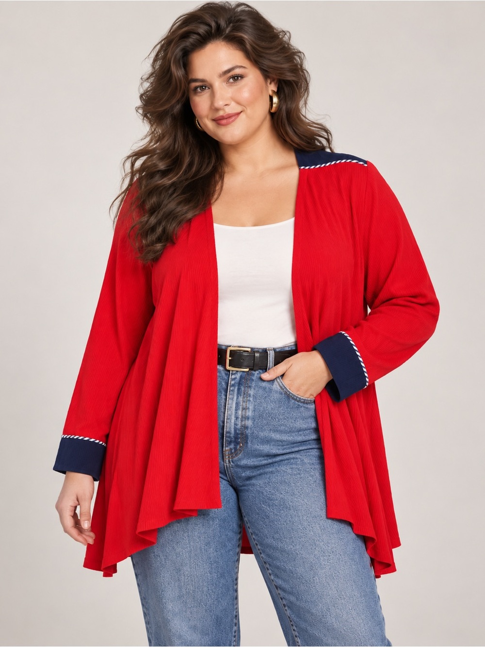 Vintage 1980s FSTOP Women’s Large Red Navy Open Front Draped Jacket